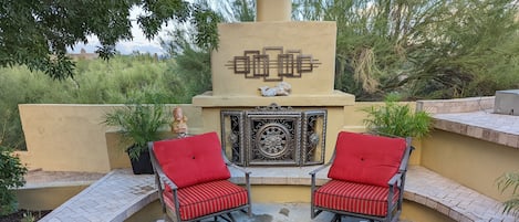 Wood Burning Fireplace in Patio Area - Seating along with ample Bench Seating 