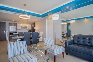 Modern lighting and decor touches highlight the living room