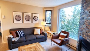 Living Area w/ Gas Fireplace & Pullout Couch