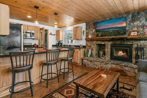 Livinfg Room with Rock Fireplace - Cute and Cozy perfect romantic getaway