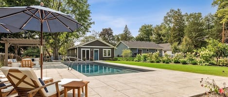 Large in-ground pool, patio furniture and Coach house