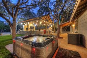 Warm up in the 6 person hot tub while enjoying a beautiful sunset.