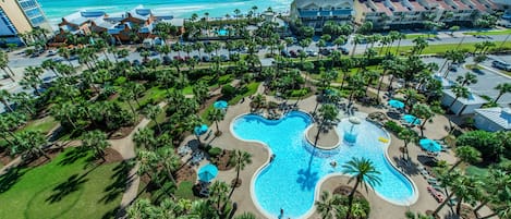 Aerial Shot of Pool and Gulf- Sterling Shores