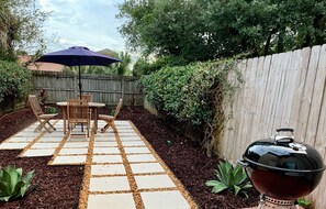 Private and fully fenced rear yard with charcoal grill