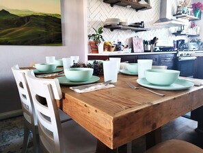 Reclaimed wood dining table and chairs.