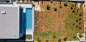 Aerial view of Croatia luxury family villa with private pool and garden for vacation and rent on Hvar island