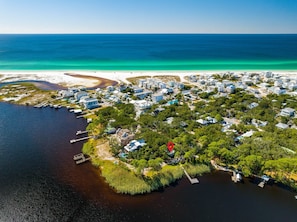 Aerial Photo, Papa's Hideaway is marked with the red dot