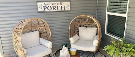 Egg chair seating area on the back patio! 