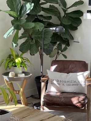 Comfy reading chair by the gas fireplace