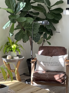 Comfy reading chair by the gas fireplace