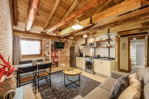 View of the living room and kitchen space