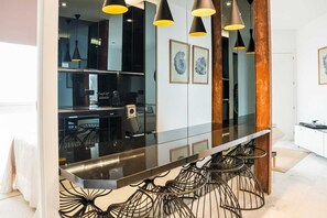 Designer table and chairs in the dining room.