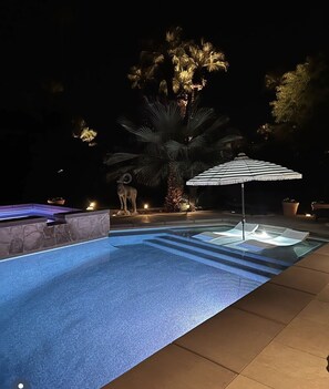 Salt water pool with tanning deck
and raised hot tub. Built-in Swim-up bar. 