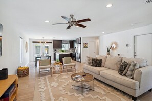 Cozy living room with a wide comfy couch