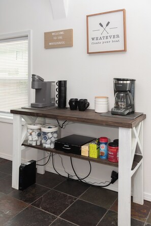 Coffee bar with drip coffee pot, coffee grounds & filters, Keurig w/ k cups & hot chocolate 