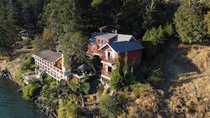 Flyover view of the tree house suites property.