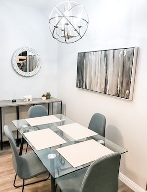 Enjoy your meals with friends and family or your coworkers while in town for a business conference. Doubles as a workstation