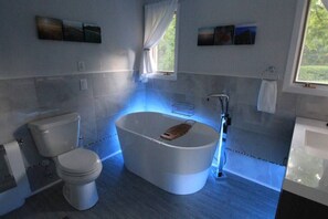 Spa like bathroom with standalone tub.