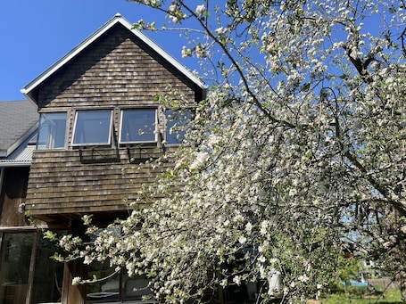 The floating two story private addition extends into the apple trees.