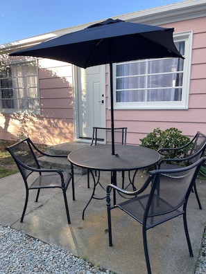 Nice outdoor seating area in private, fenced back yard.