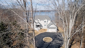 Front of house with circular driveway. Quiet, private and secluded.