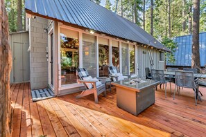 Front Yard:  Deck, Gas firepit, grills, Airondack chairs, outdoor dining for 6, hammock