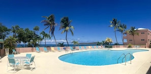 Large, newly refinished shared pool and deck area overlooking Teague Bay.