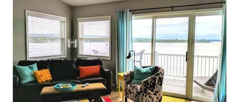 Living room with view of Portage Lake.