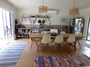 The upstairs kitchen and dining area