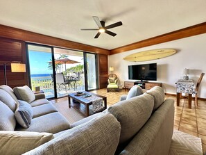 Living area with new furnishings with queen size pull out bed