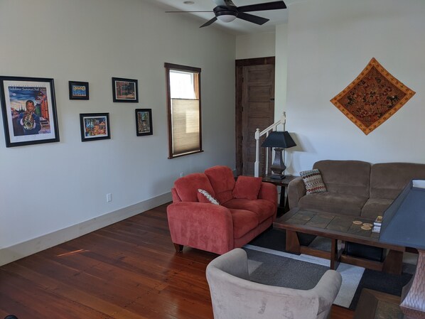 Spacious living room with high ceilings