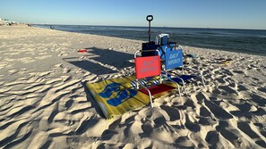 We provide several items to make your beach time fantastic - chairs, wagon, umbrella, and more.