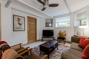 In the living room is a TV (complete with an Amazon Firestick) and a queen sized sofa bed!