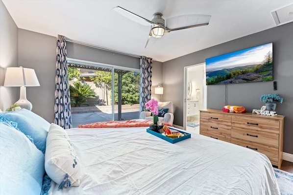 Enjoy a large flat screen while cozying up with a loved one. You can leave the blackout curtains open to let in all the lovely natural light during the day and close them at night to receive 100% privacy.