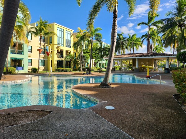 Pool area in front of the apartment