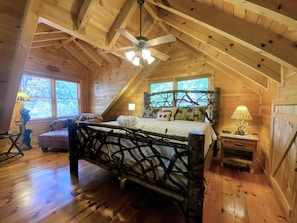 Loft King Master Bedroom with lake and layered mountain views