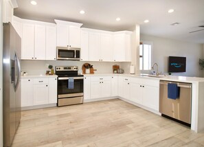 Fully stocked kitchen.