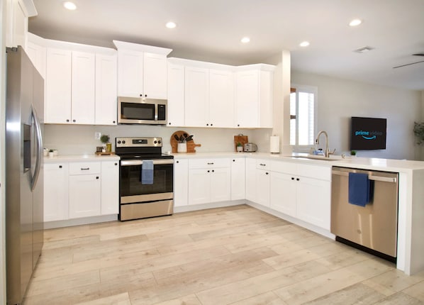 Fully stocked kitchen.