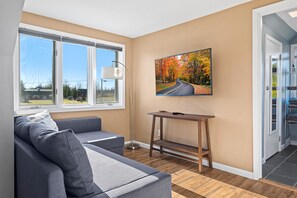 The living area with a sleeper sofa that accommodates extra guests.