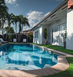 The pool area includes lounge chairs  for your comfort