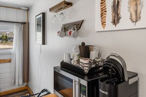 Coffee and Tea, Microwave, Mini fridge below (not pictured)