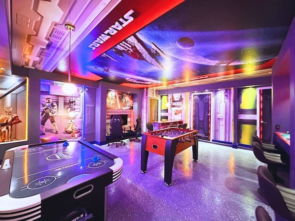 Star Wars Game Room-X Box Zone, 4 Arcade game stations, Foosball and AirHockey Table! Whats not to love?