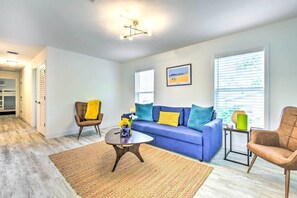 Living Room | Twin Sleeper Sofa | Frame TV | Smart Desk | Antique Bar Cart