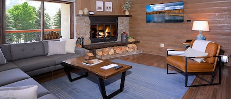 Living room, wood fireplace, smart TV