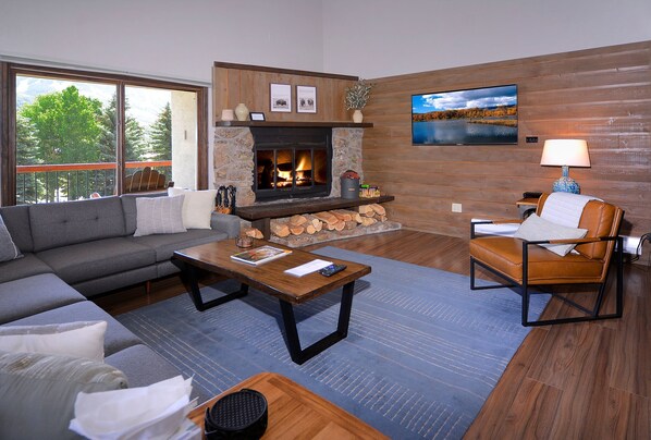 Living room, wood fireplace, smart TV