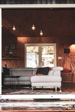 Living room with hanging globes.