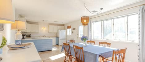 The open kitchen and dining room 