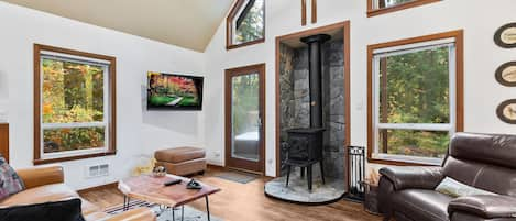 Comfortable living room with a cozy wood stove