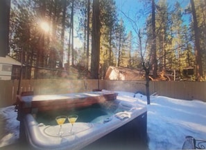Spa tub for 7 in enclosed private back yard. 