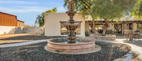 Beautiful fountain in the backyard. 